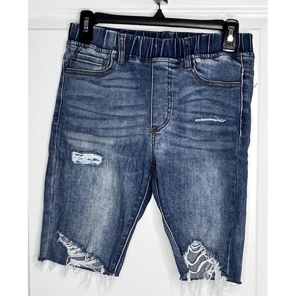 Grace & Lace Distressed Pull On Denim Bermuda Shorts Size Small Stretch Cutoff